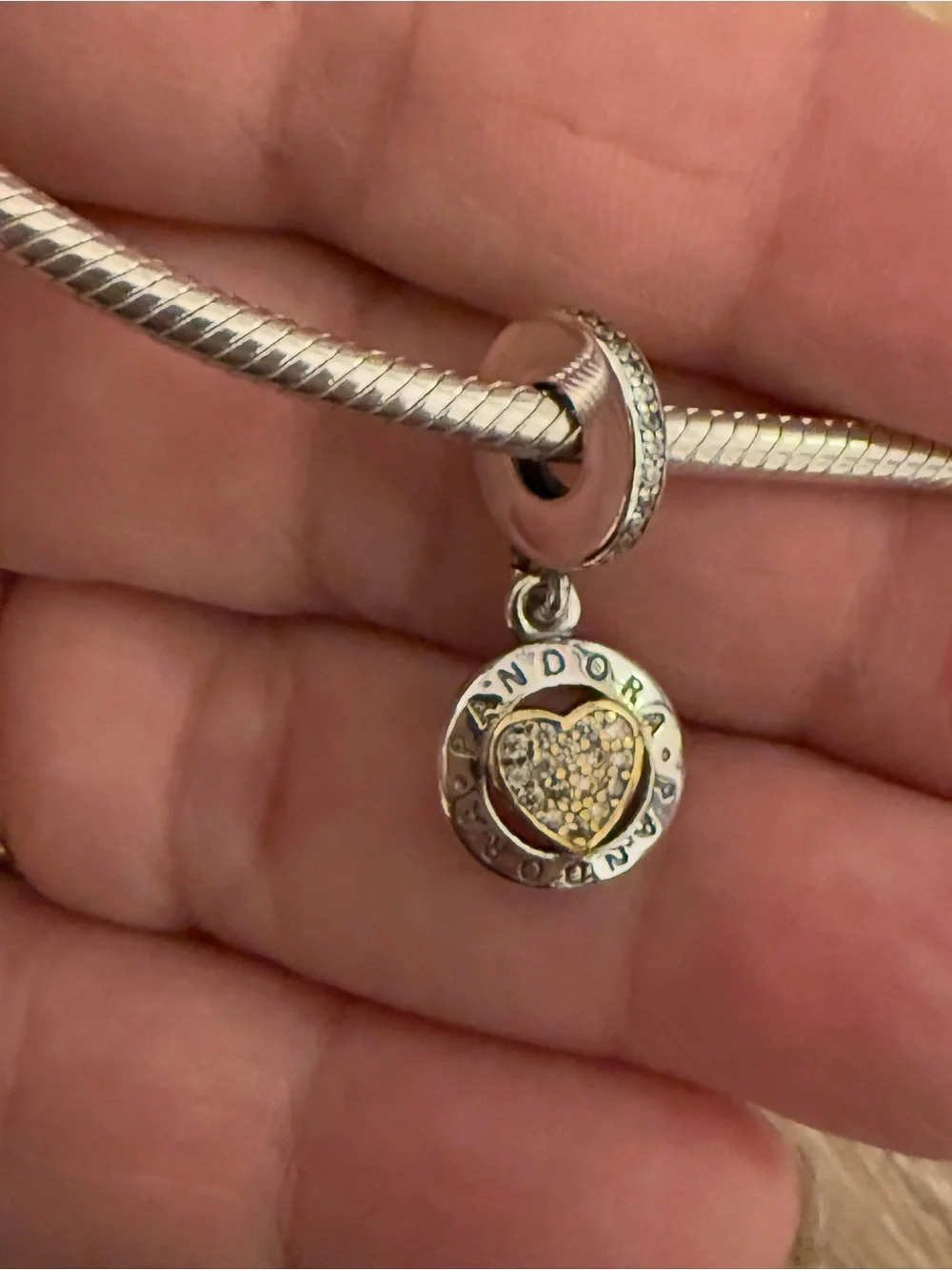 Pandora Two-Tone Heart Dangle Charm in Silver and Gold - Picture 3 of 11